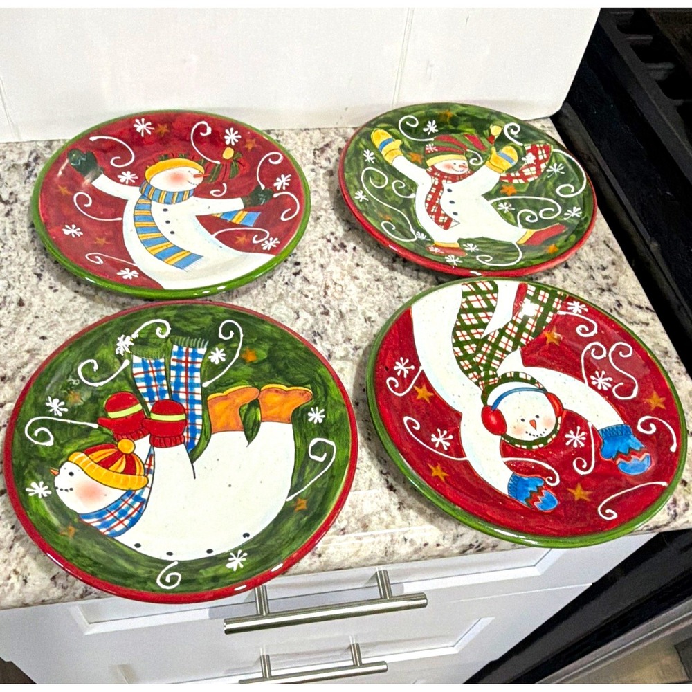 VTG Certified International Tumbling Snowman Salad Plates Susan Winget Set of 4